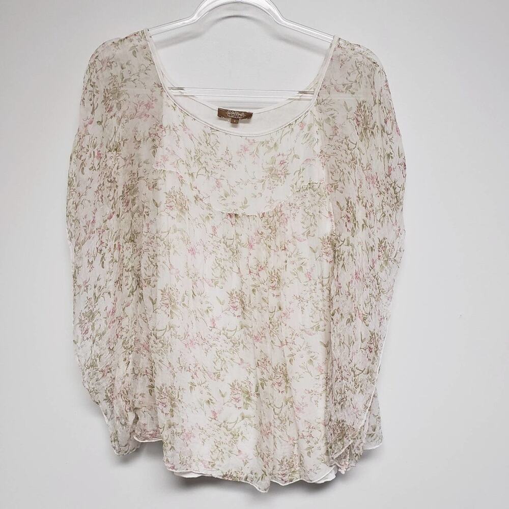 Carla Conti 100% Silk Ivory Sheer Floral Flowy Feminine Top Size Small Italy‎
